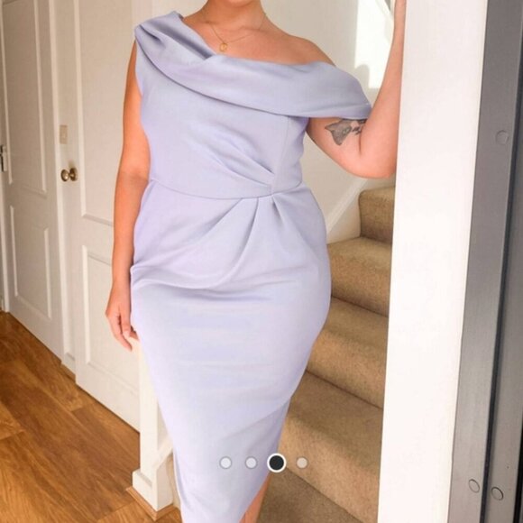 ASOS DESIGN Lavender Off-Shoulder Midi Dress with Draped Detail, Size 12 - Picture 2 of 5